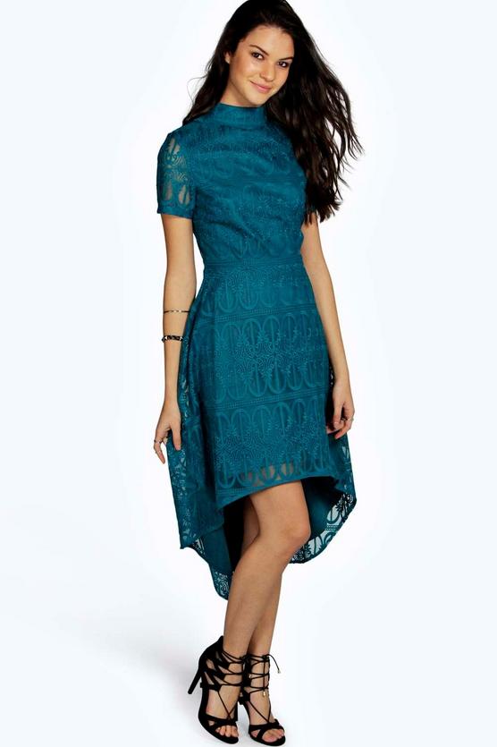 Ara Embroided Mesh High Neck Dip Hem Dress